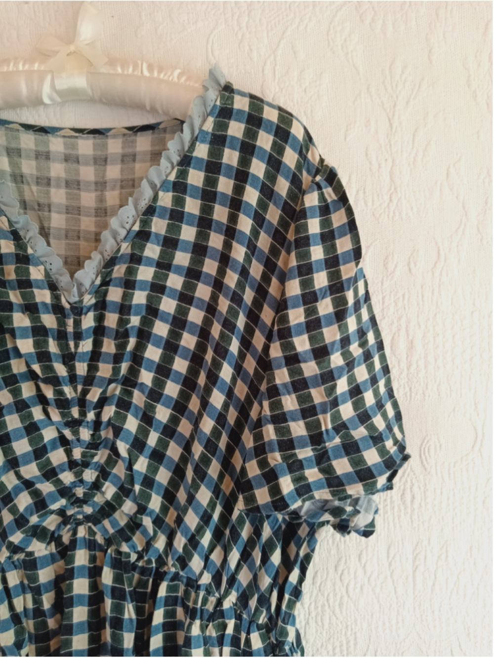 Gingham Check Dress Blue Green plaid cottagecore prairie Western ruffled tiered - Picture 5 of 12